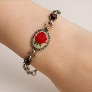 Vtg Victorian Guilloche Bracelet Painted Rose Porcelain Ruby Red Silver Tone